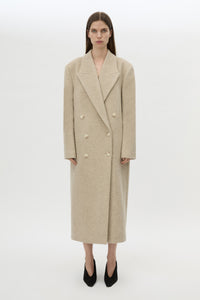 Front styled view CAMILLA AND MARC Ciro Coat in Beige with detachable scarf, crafted from 100% Australian wool. 