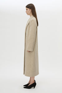 Side view CAMILLA AND MARC Ciro Coat in Beige with detachable scarf, crafted from 100% Australian wool. 