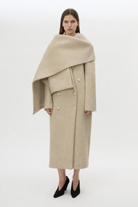 Front view CAMILLA AND MARC Ciro Coat in Beige with detachable scarf, crafted from 100% Australian wool. 