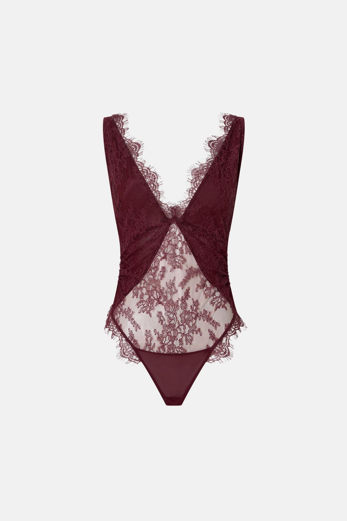 Ghost view CAMILLA AND MARC Cora V Neck Lace Bodysuit in Burgundy with scalloped lace edges, adjustable straps