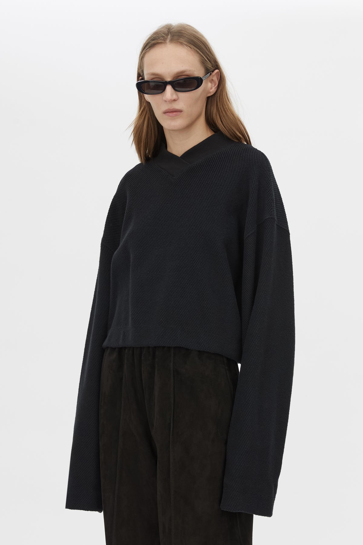 Cosmo Textured Sweater - CAMILLA AND MARC Cosmo V neck long-sleeve textured sweater in black