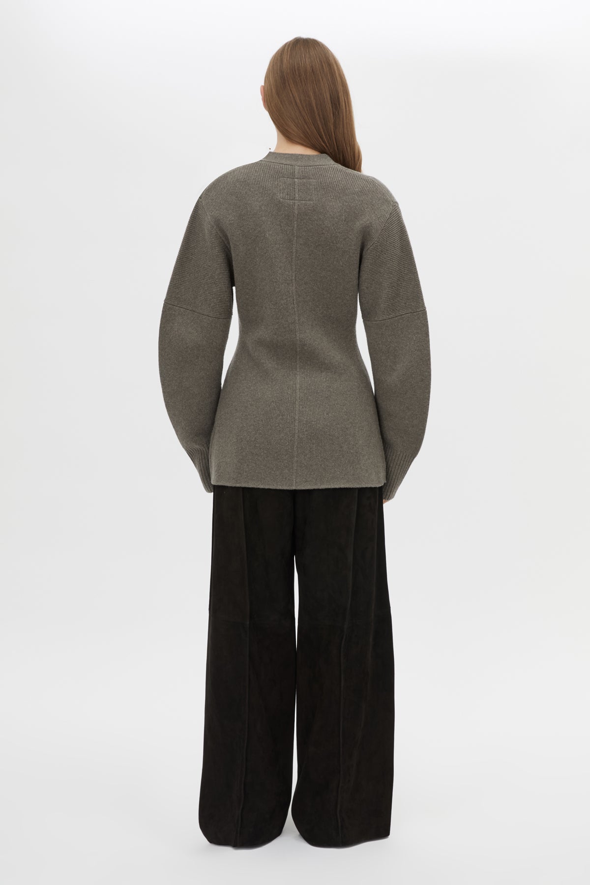 Back view CAMILLA AND MARC Crawford Knit Cardigan in Brown with wool knit finish and button‑up front.