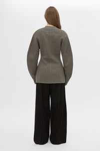 Back view CAMILLA AND MARC Crawford Knit Cardigan in Brown with wool knit finish and button‑up front.