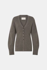 Ghost view CAMILLA AND MARC Crawford Knit Cardigan in Brown with wool knit finish and button‑up front.