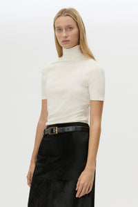 Cropped view CAMILLA AND MARC Dakota Elbow Sleeve Top in Cream with turtleneck silhouette.