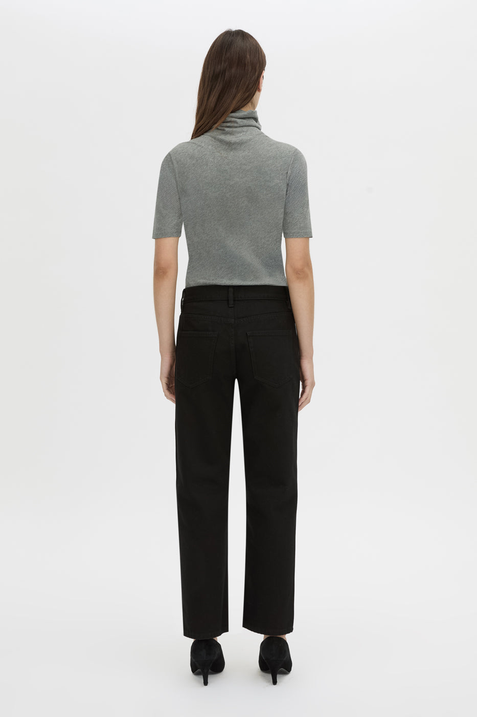 Back view CAMILLA AND MARC Dakota slim fit grey top with ribbed turtleneck.
