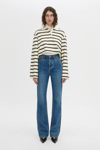 Front view CAMILLA AND MARC Liat stripe crop polo top in soft white stripe.