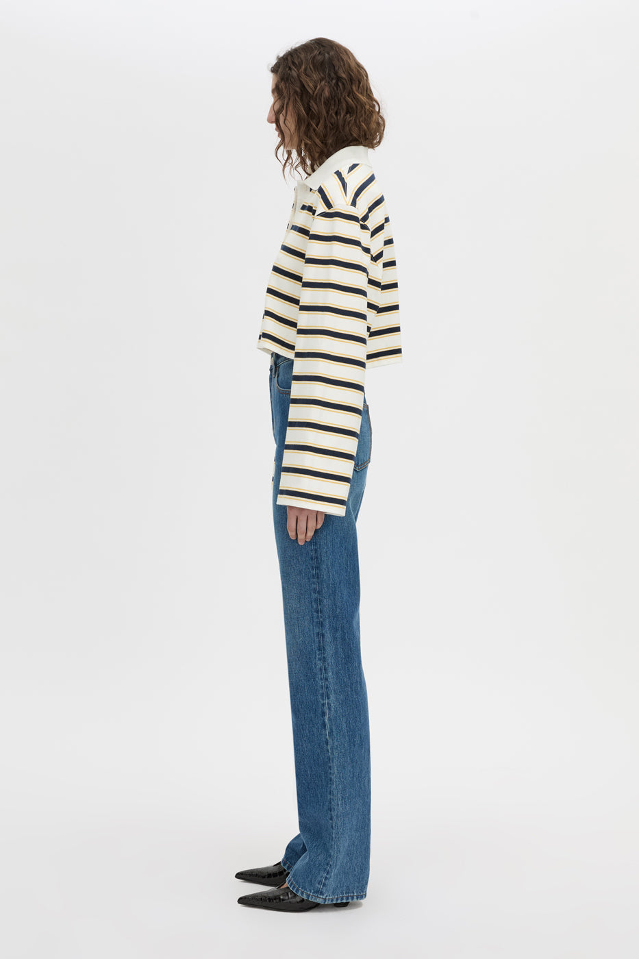 Side view CAMILLA AND MARC Liat stripe crop polo top in soft white stripe.