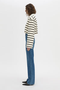 Side view CAMILLA AND MARC Liat stripe crop polo top in soft white stripe.