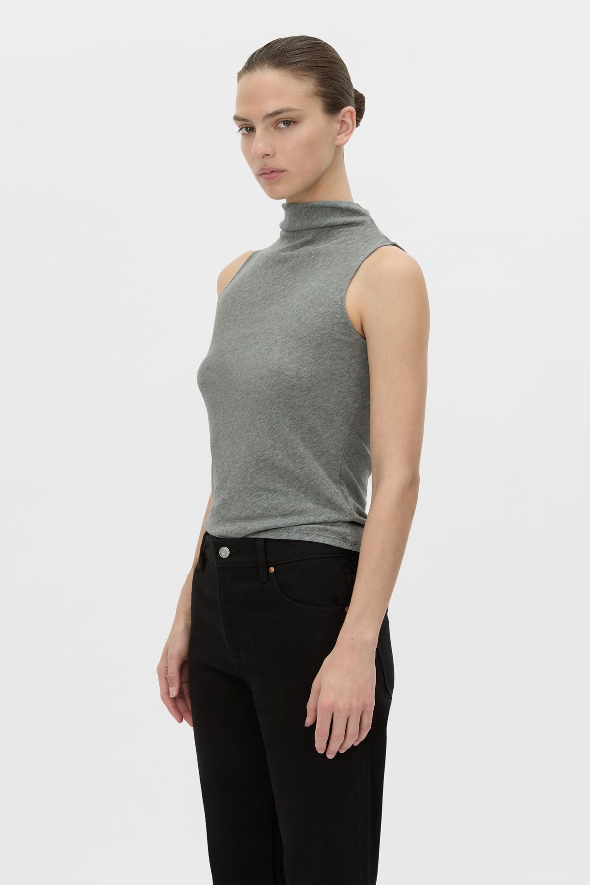 Cropped view CAMILLA AND MARC fitted Dakota Sleeveless High Neck Top in grey marle.
