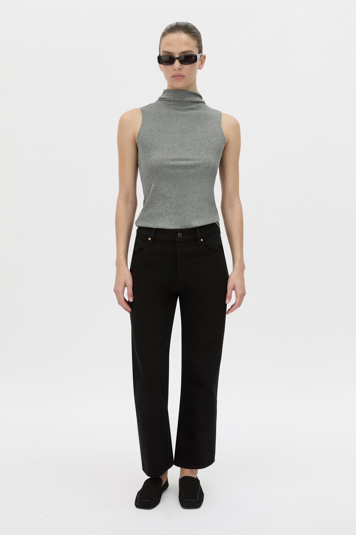 Front-styled view CAMILLA AND MARC fitted Dakota Sleeveless High Neck Top in grey marle.