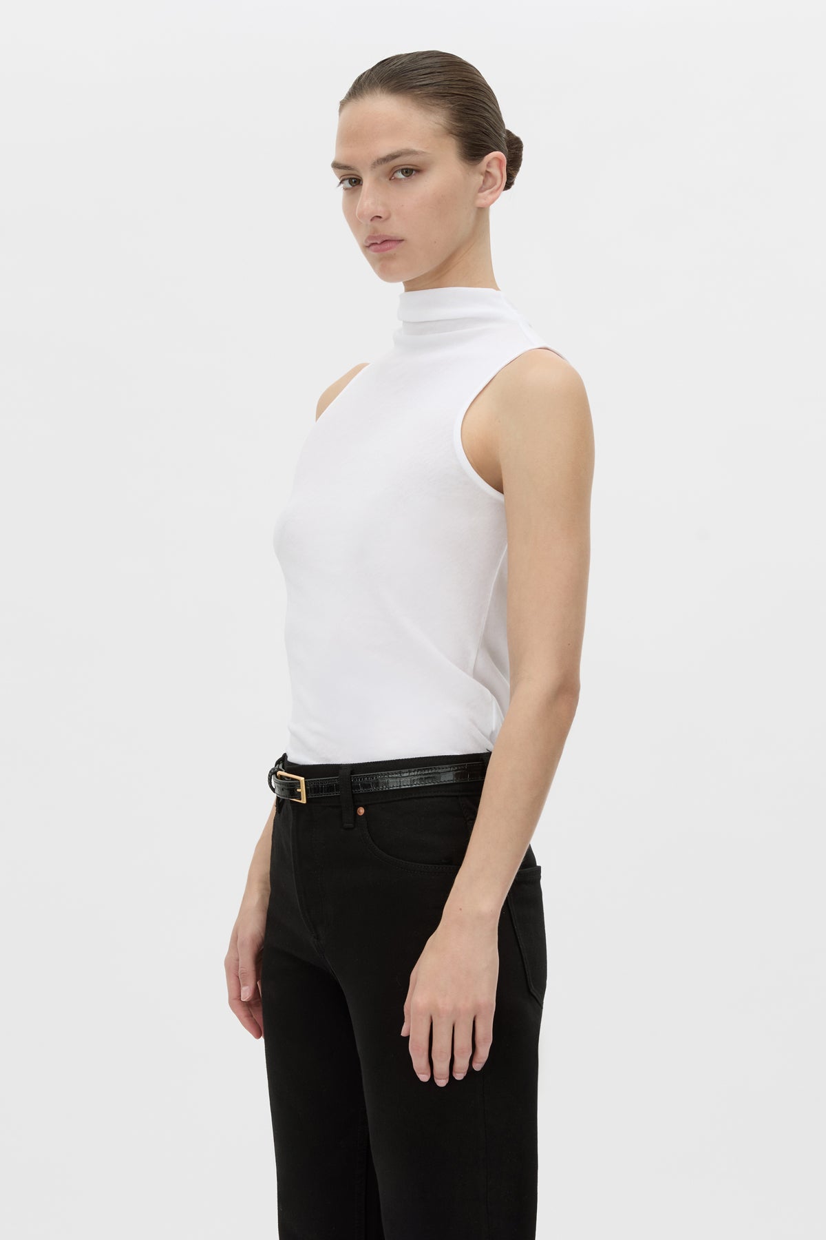 Cropped view CAMILLA AND MARC fitted Dakota Sleeveless High Neck Top in soft white.