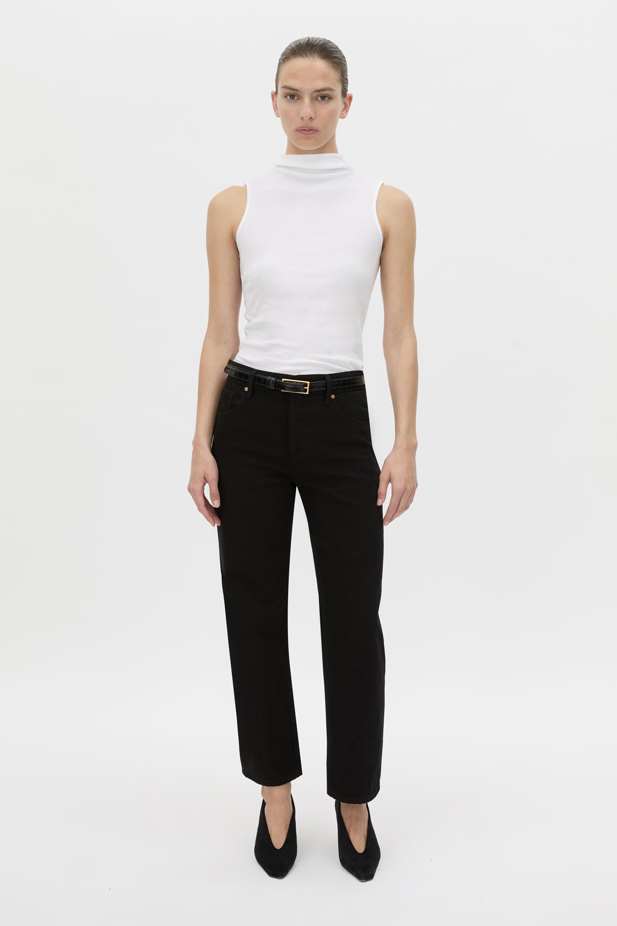 Front-styled view CAMILLA AND MARC fitted Dakota Sleeveless High Neck Top in soft white.