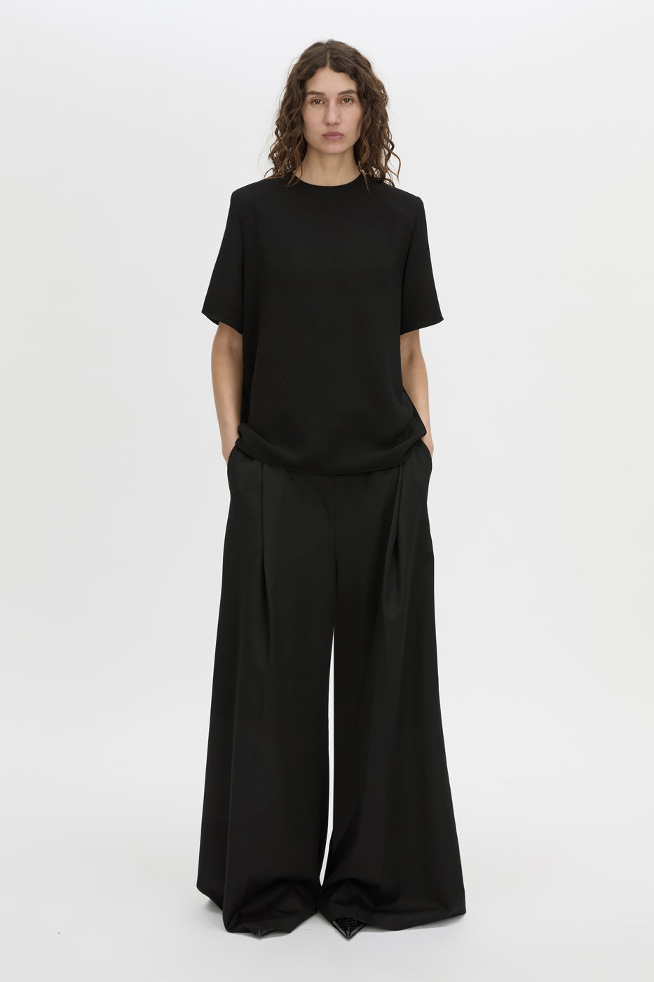Front-styled view CAMILLA AND MARC Darien short sleeve top in black.