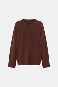 Ghost View CAMILLA AND MARC Donatello Knit Sweater in espresso brown with V neck and knit fabric.