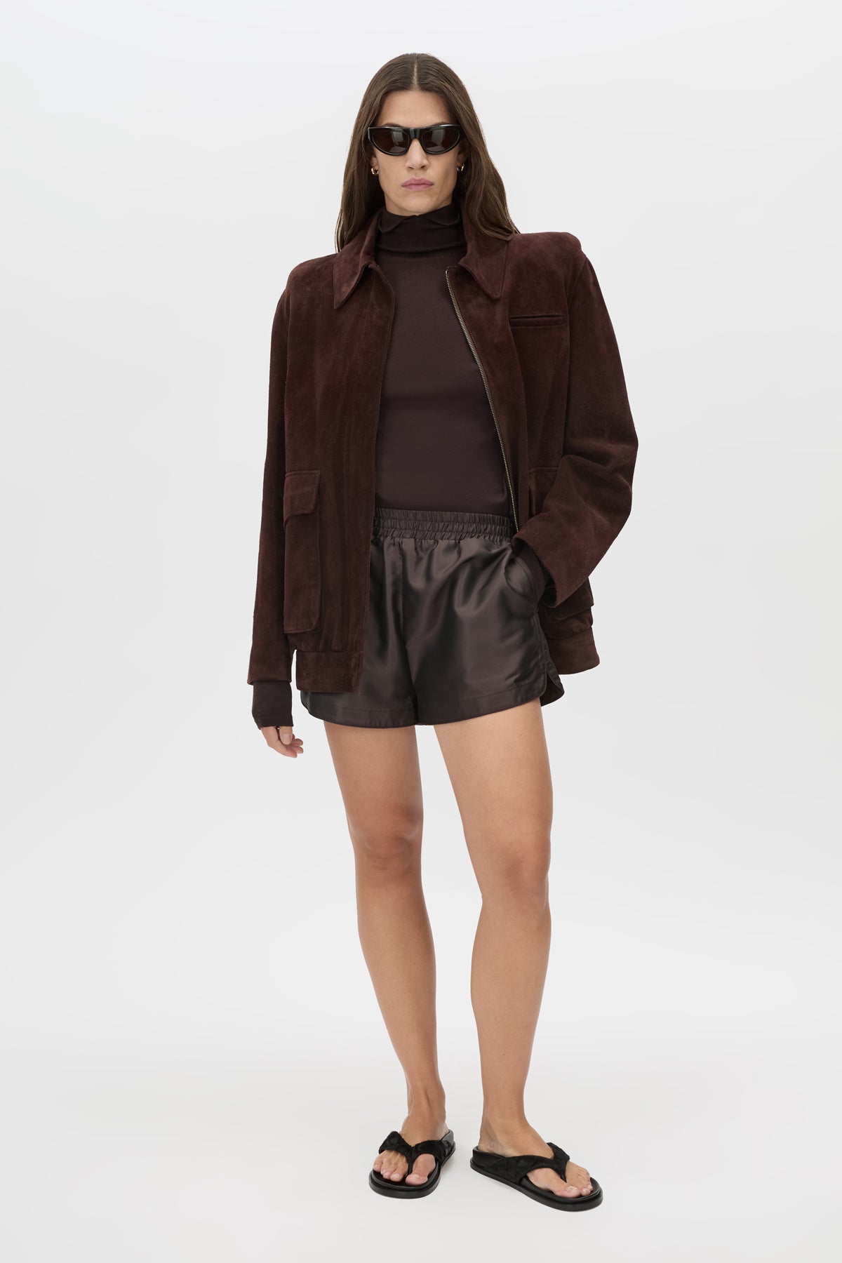Front view CAMILLA AND MARC Drea mini short in espresso brown with a twill jacquard fabrication. 