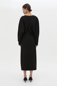 Back view CAMILLA AND MARC Dune Draped Waist Midi Dress in Black with gathered waist detailing.