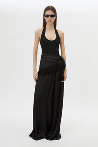 Front view CAMILLA AND MARC Dune Scarf Top in Black with fringe hem, and corner loops for versatile wear.