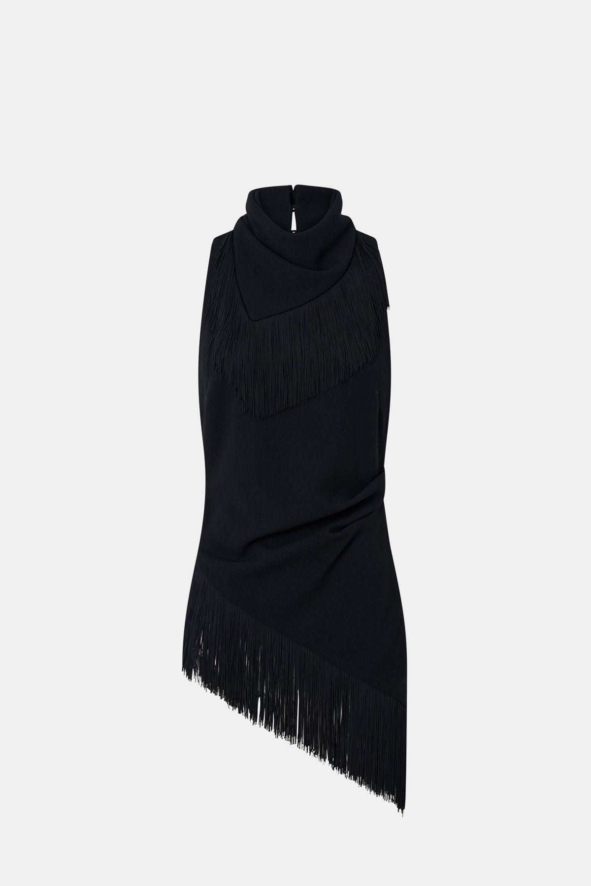 Ghost styled view CAMILLA AND MARC Dune Fringe Top in Black with asymmetric cut, gathered waist, high neck and fringe scarf.