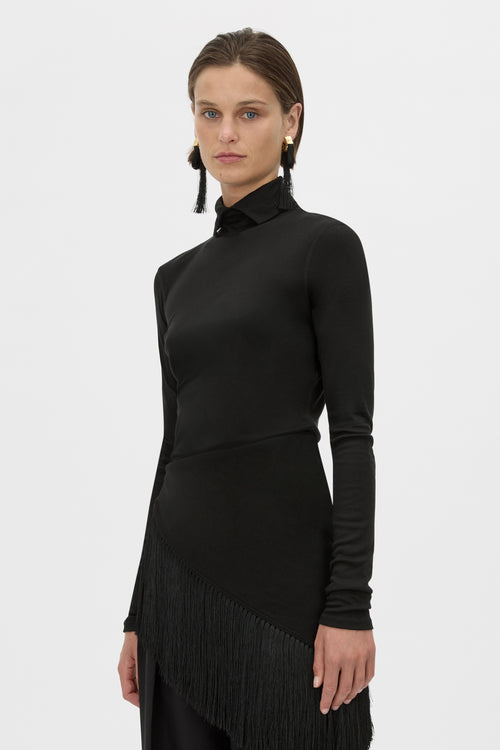 Cropped view CAMILLA AND MARC Dune Scarf Top in black with fringe hem.