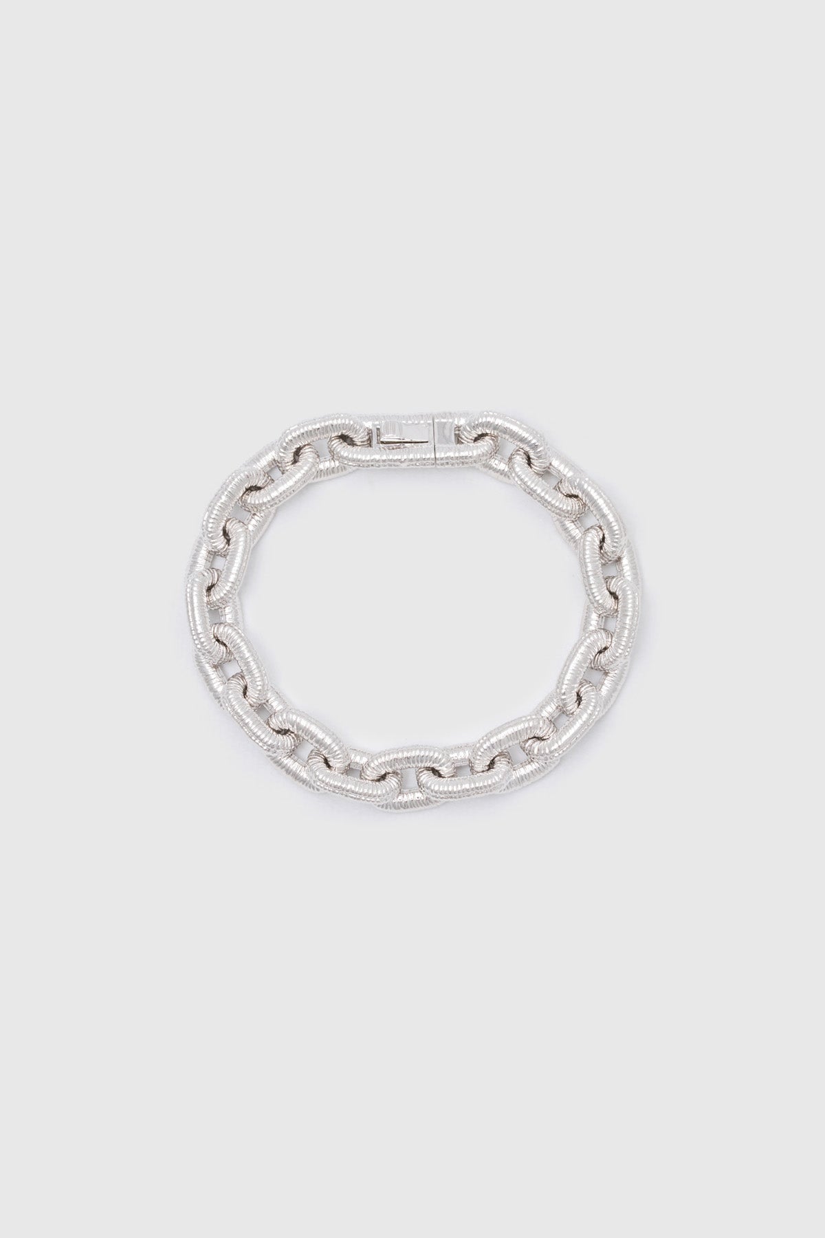 Ghost view CAMILLA AND MARC Eagan Bracelet in silver with handcrafted ruched chain links in solid brass.