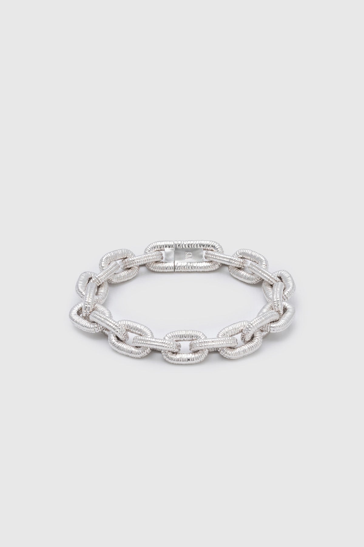 Ghost view CAMILLA AND MARC Eagan Bracelet in silver with handcrafted ruched chain links in solid brass.