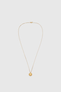 Ghost view CAMILLA AND MARC Eagan Pendant in gold with fine box chain and ruched textured sphere pendant.