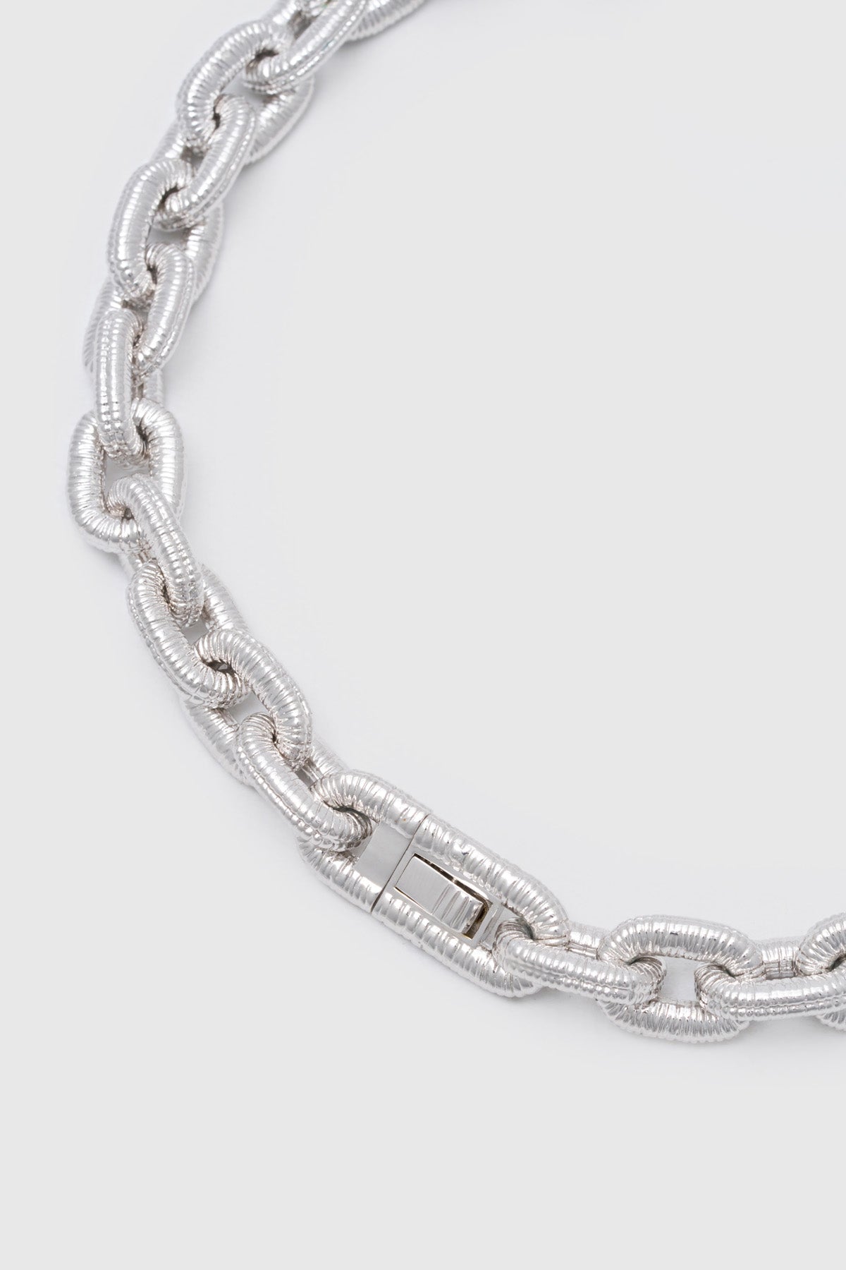 Ghost view CAMILLA AND MARC Eagan Necklace in silver with handcrafted ruched chain links in solid brass.