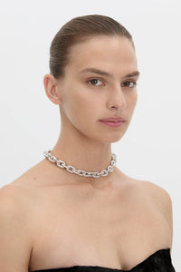 Side view CAMILLA AND MARC Eagan Necklace in silver with handcrafted ruched chain links in solid brass.