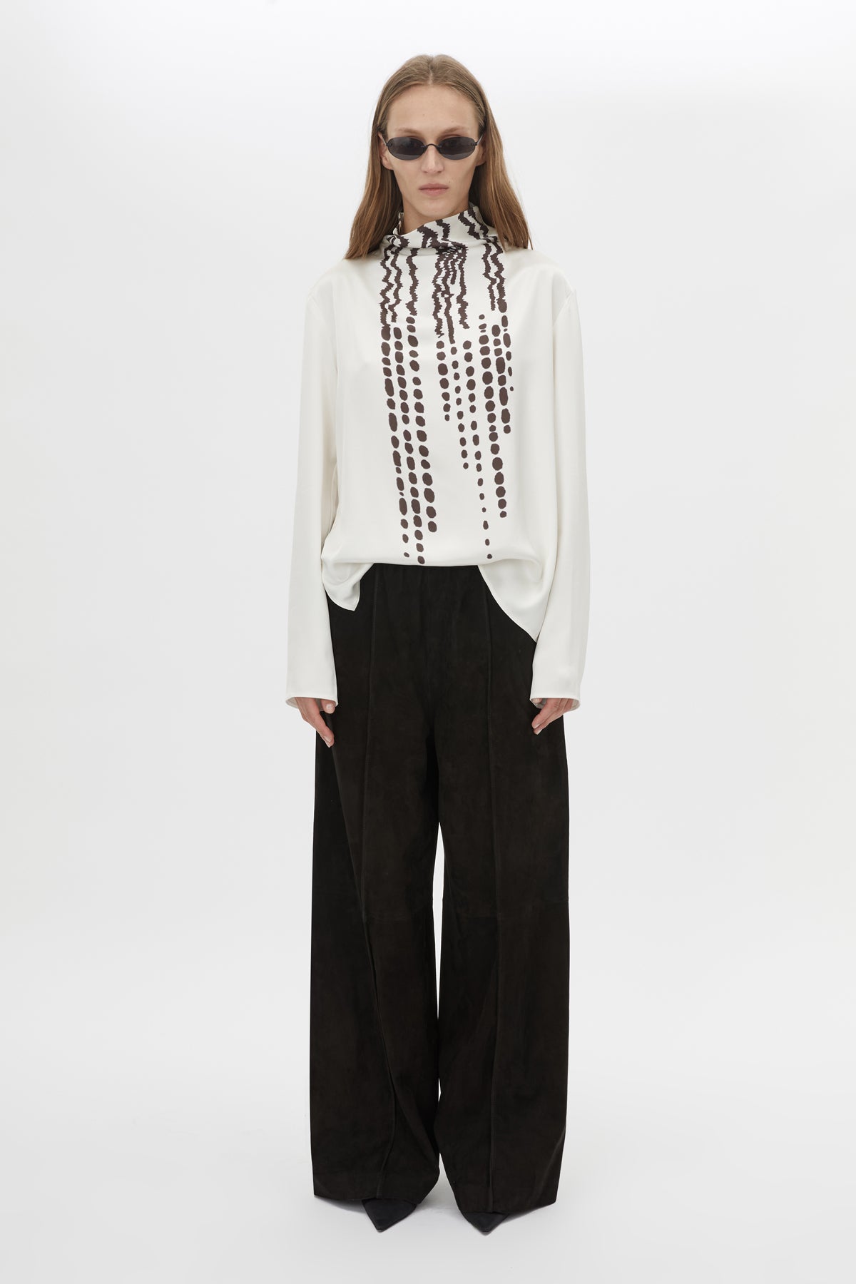 Front styled view CAMILLA AND MARC Edison Top in Edison Print with bespoke print and full long sleeves.