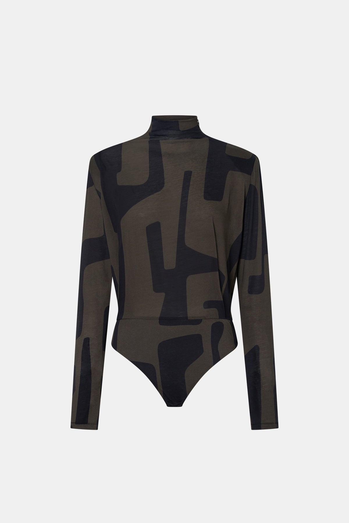 Ghost View - CAMILLA AND MARC Eidra Printed Long Sleeve Bodysuit in khaki green with high neckline. 