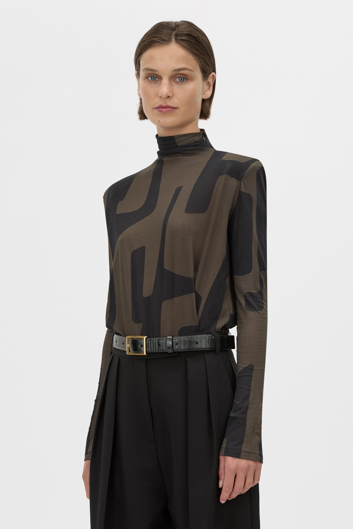 Detail View - CAMILLA AND MARC Eidra Long Sleeve Bodysuit in khaki print with high neckline. 