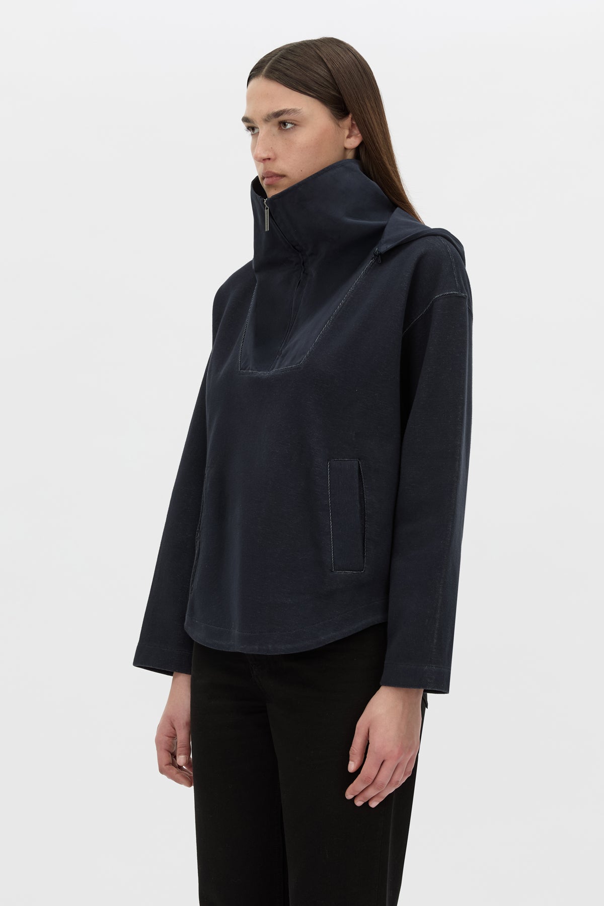 Cropped view CAMILLA AND MARC Eira hooded pullover in navy.