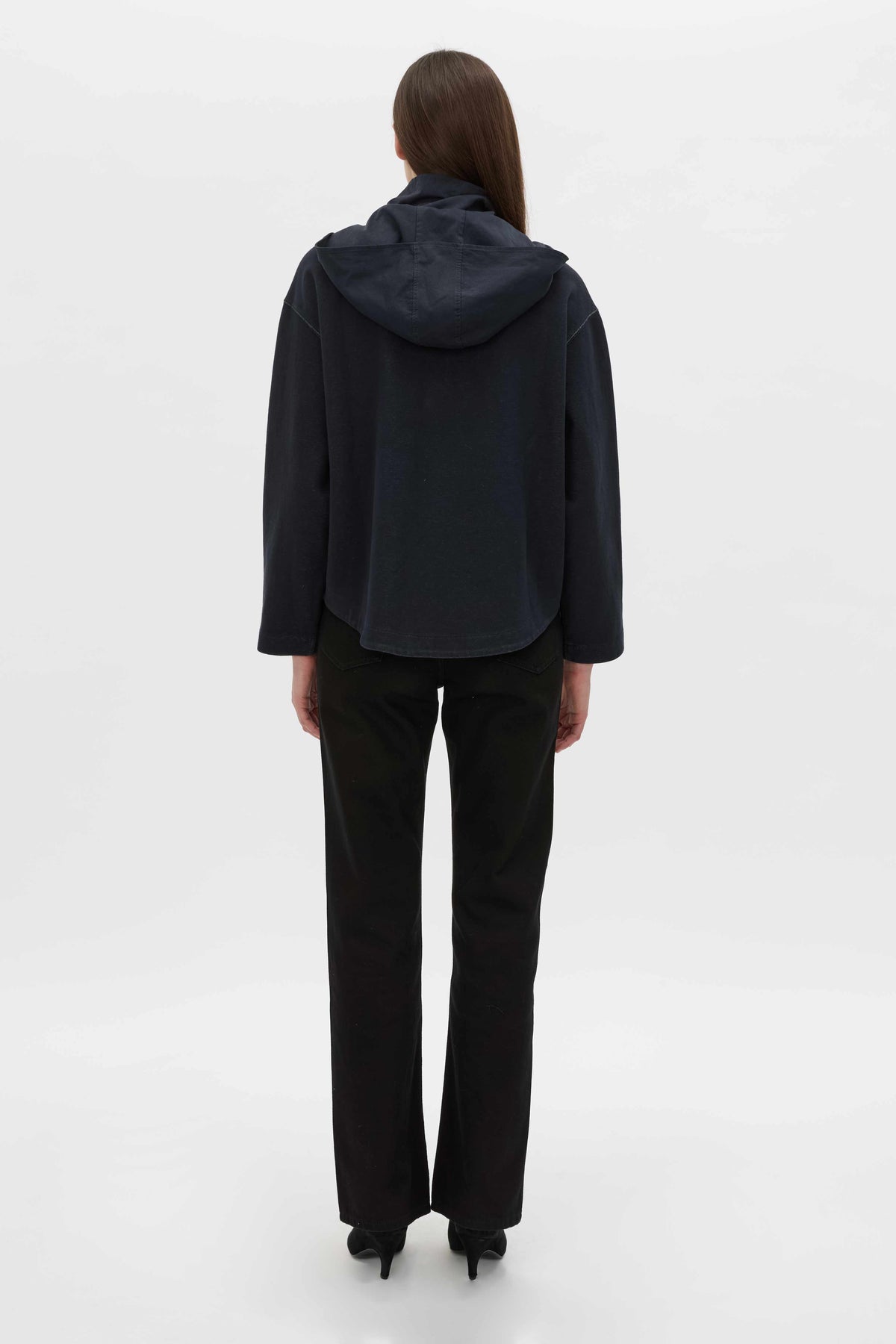 Back view CAMILLA AND MARC Eira hooded pullover in navy.
