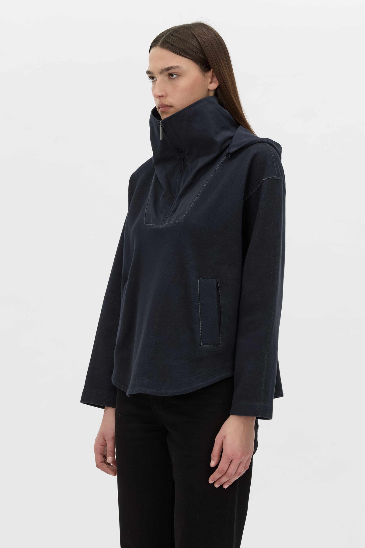 Cropped view CAMILLA AND MARC Eira hooded pullover in navy.