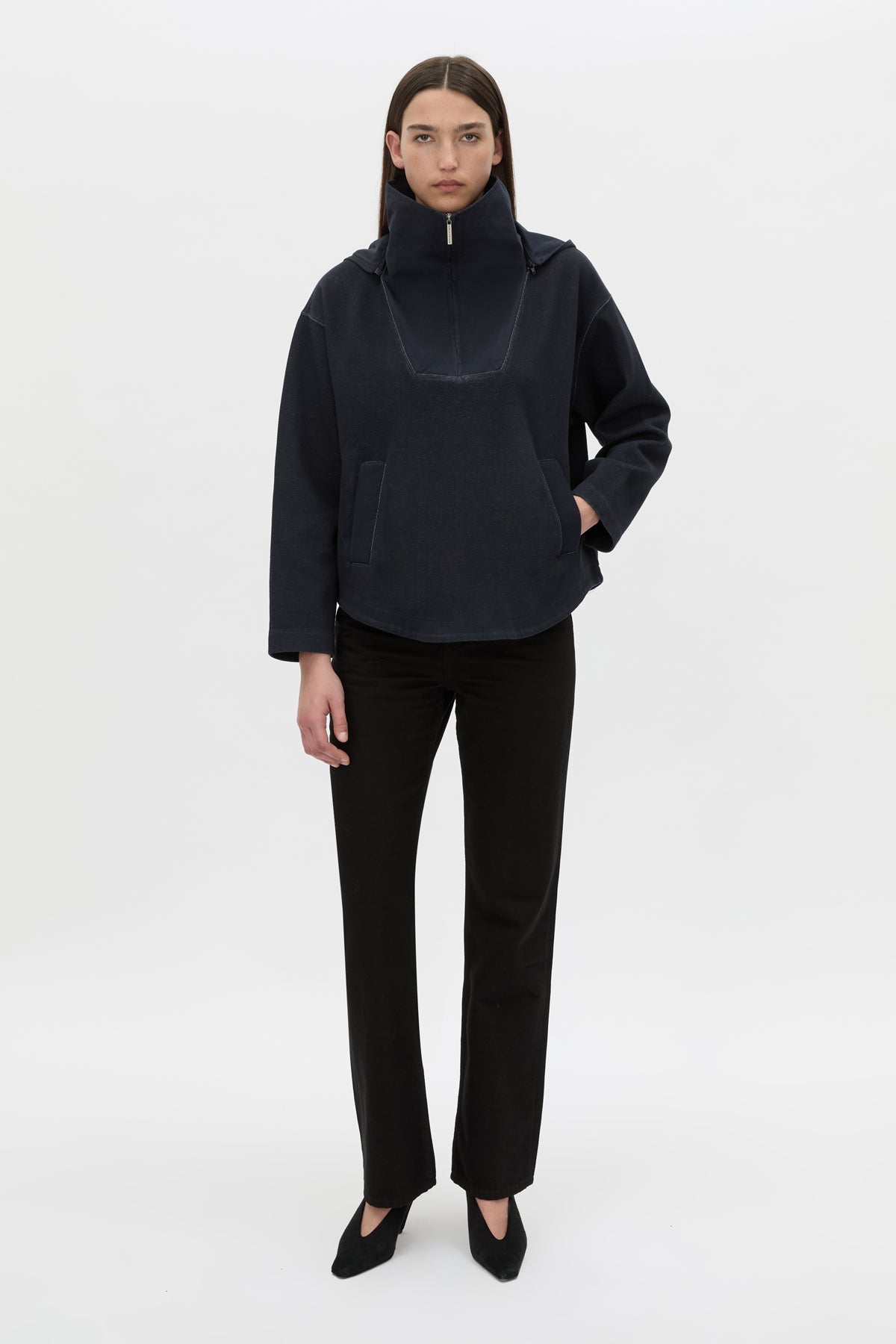 Styled view CAMILLA AND MARC Eira hooded pullover in navy.
