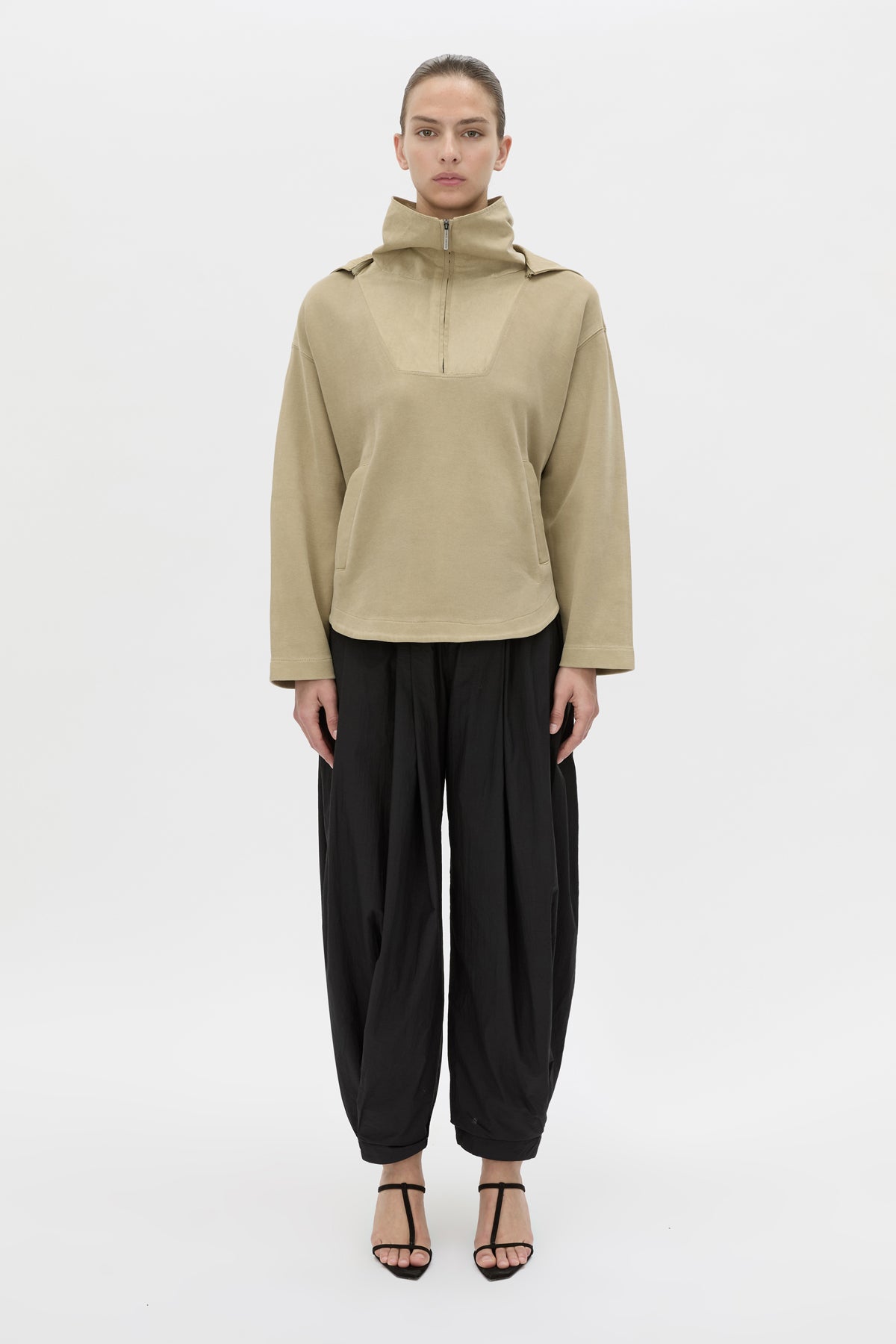 Styled view CAMILLA AND MARC Eira hooded pullover in oyster.