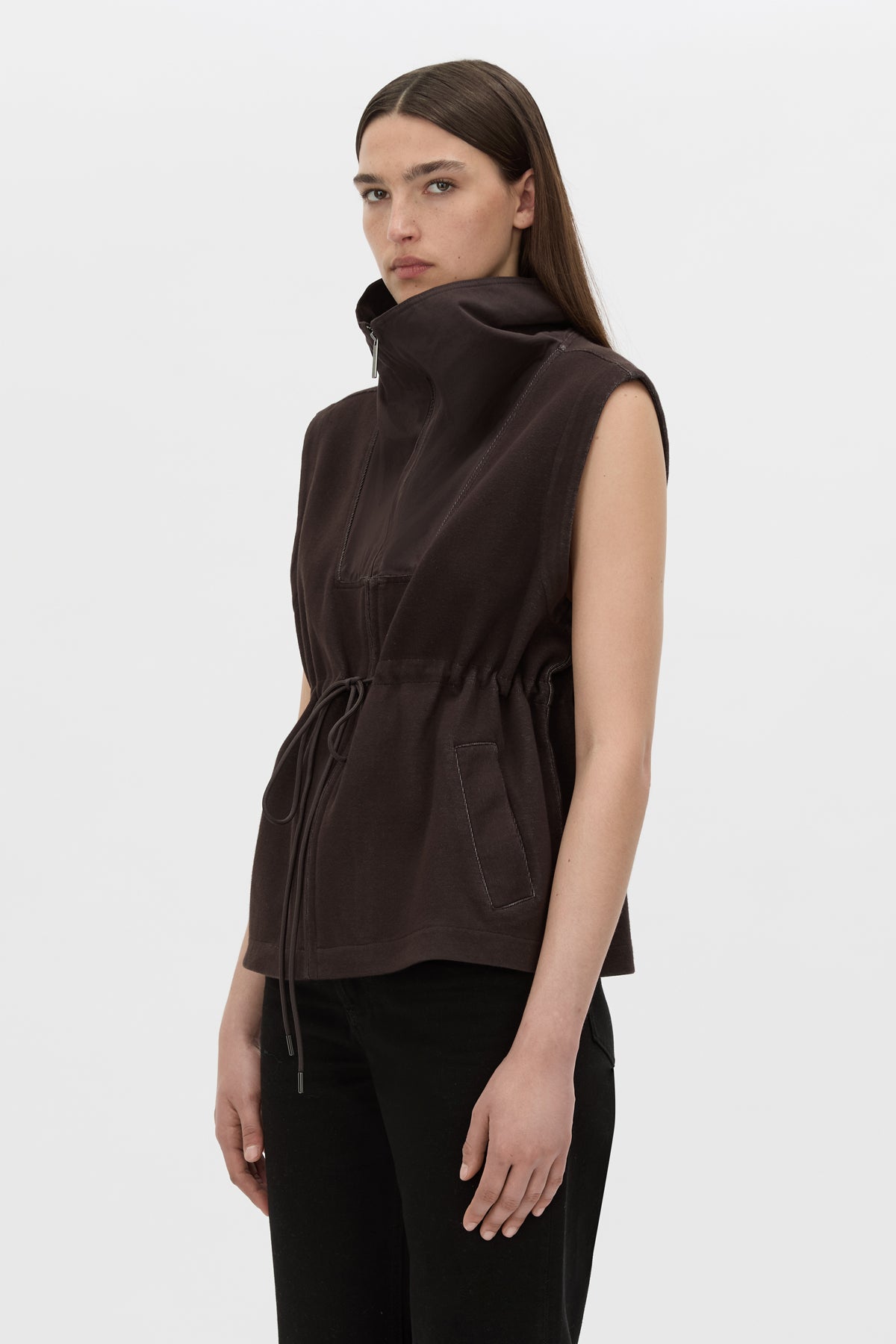 Cropped view CAMILLA AND MARC Eira sleeveless vest in hickory.