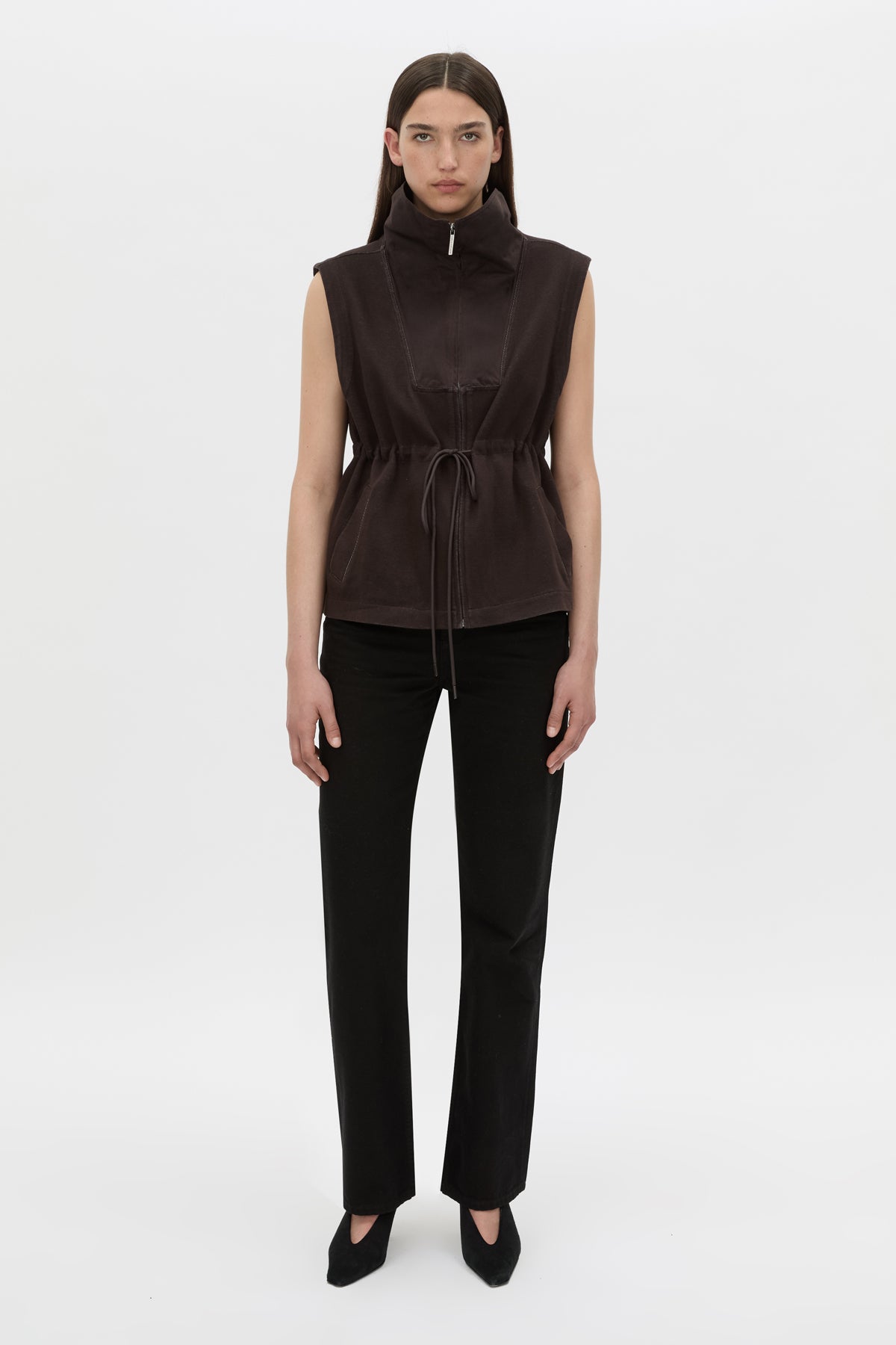 Front view CAMILLA AND MARC Eira sleeveless vest in hickory.