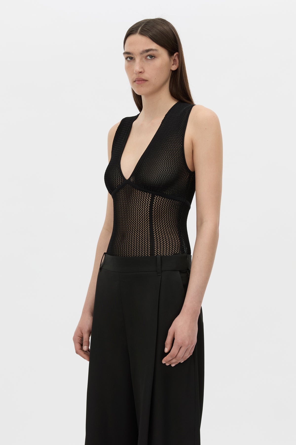 Cropped view CAMILLA AND MARC Elandra textured bodysuit in black.