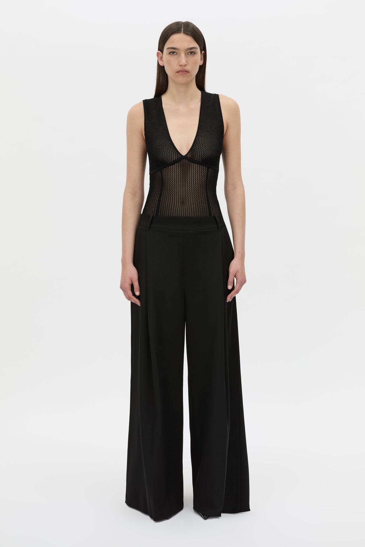 Front-styled view CAMILLA AND MARC Elandra textured bodysuit in black.