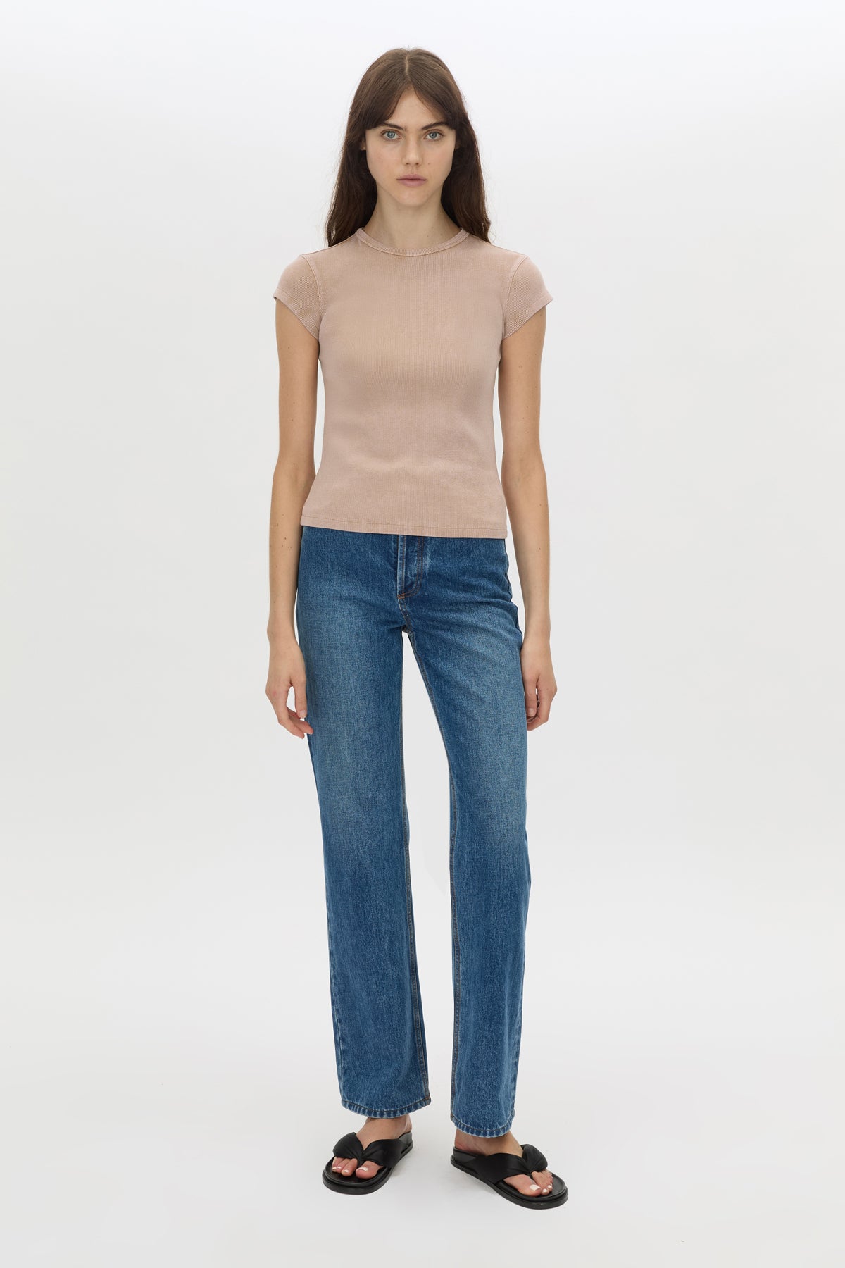 Front angle CAMILLA AND MARC Elara rib logo tee in rosewood.