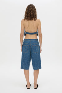 Back view CAMILLA AND MARC Eleni halter neck top in blue neps denim.