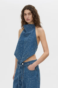 Cropped view CAMILLA AND MARC Eleni halter neck top in blue neps denim.