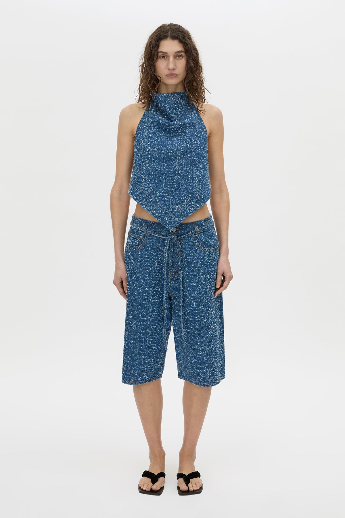Front-styled view CAMILLA AND MARC Eleni halter neck top in blue neps denim.