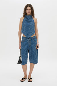 Front view CAMILLA AND MARC Eleni halter neck top in blue neps denim.
