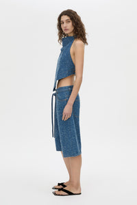 Side view CAMILLA AND MARC Eleni halter neck top in blue neps denim.