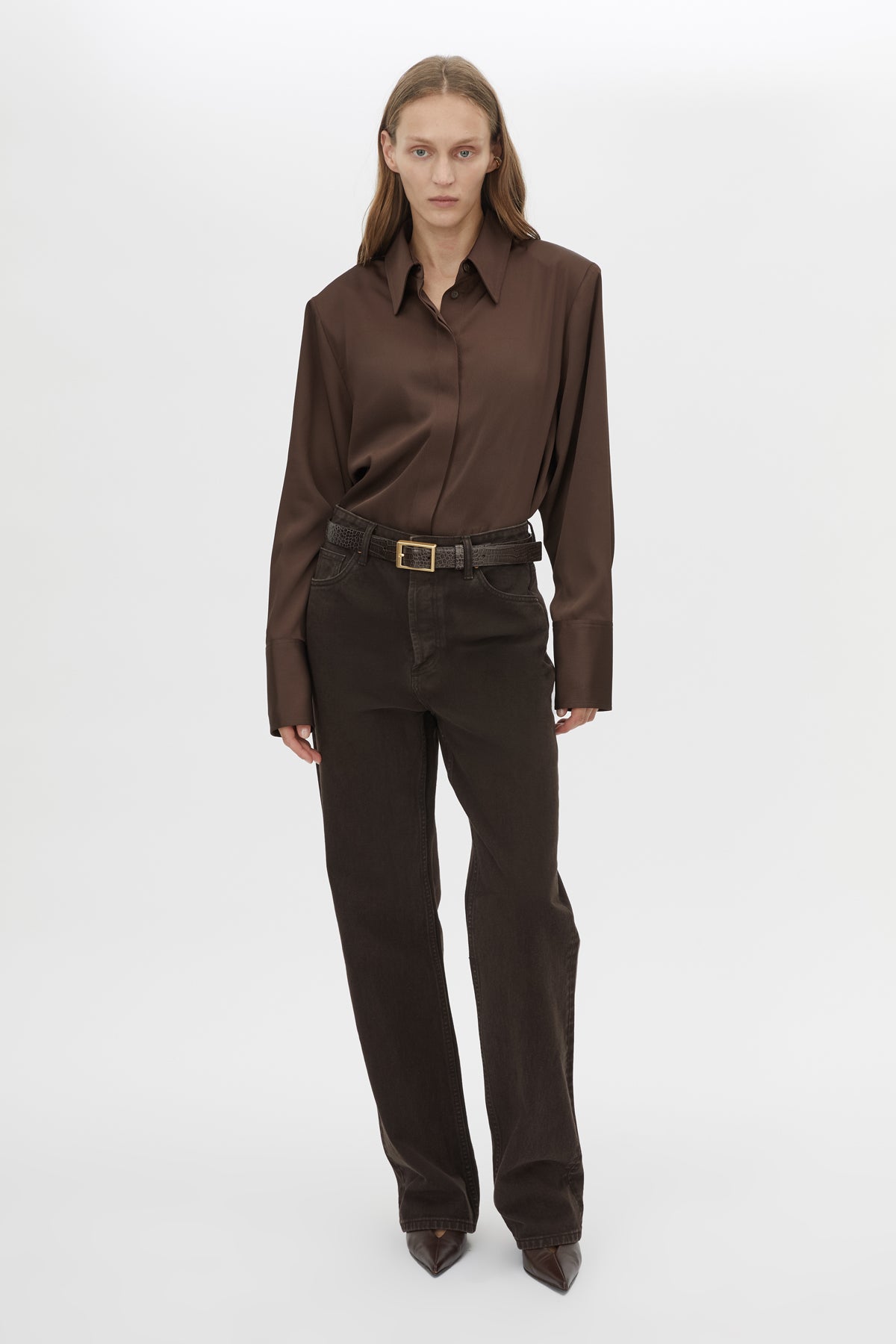 Front View - CAMILLA AND MARC Elowyn boxy fit shirt in espresso brown with Removable shoulder pads.