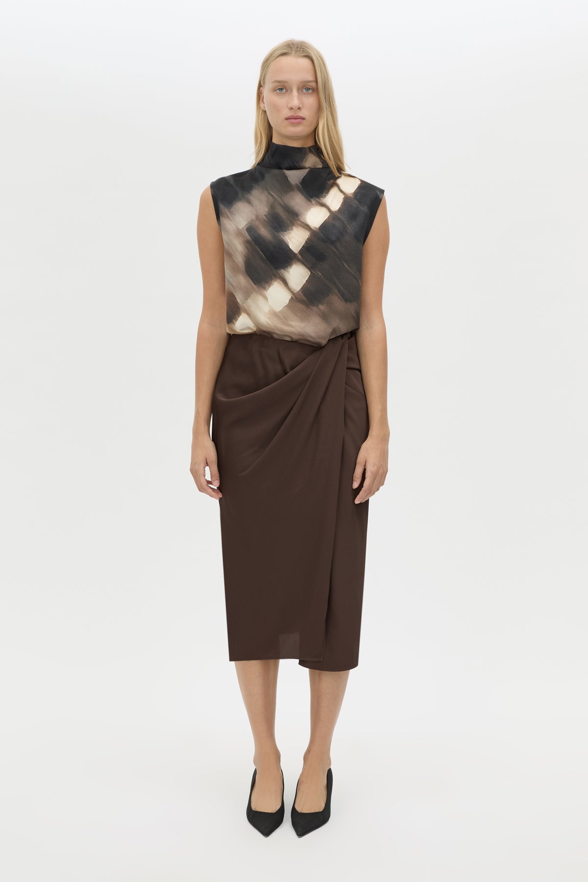 Front view CAMILLA AND MARC Elowyn Wrapped Midi Skirt in Espresso Brown styled with the Asper Top.