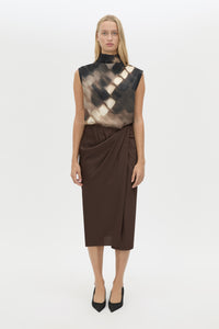 Front view CAMILLA AND MARC Elowyn Wrapped Midi Skirt in Espresso Brown styled with the Asper Top.